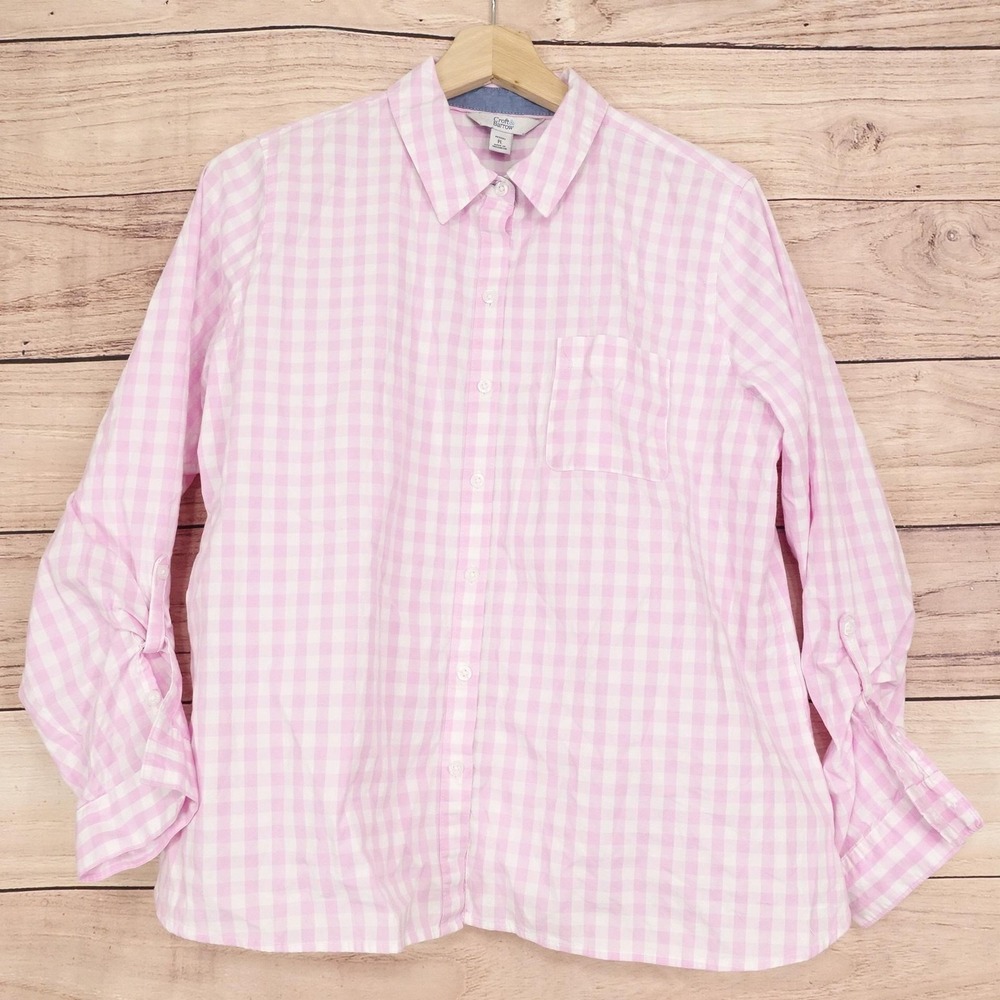 Croft & Barrow Button-Up Womens PL Pink Gingham Check Collared Long Sleeve Shirt